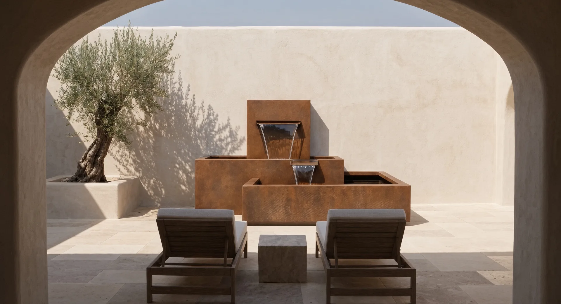 Nereida cascade water feature in Corten steel seen through an archway, with two sun loungers and an olive tree on a patio